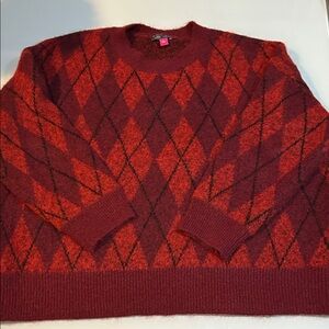 Vince Camuto Red burgundy fuzzy Argyle Crewneck Sweater